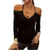 imageOYOANGLE Womens Cold Shoulder V Neck Long Sleeve T Shirt Slim Fit Solid Basic Casual Tee Shirts TopsBlack