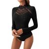 imageOYOANGLE Womens Elegant Lace Long Sleeve Mock Neck Embroidery Slim Fit Bodysuit Tee TopsBlack