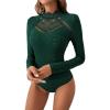 imageOYOANGLE Womens Elegant Lace Long Sleeve Mock Neck Embroidery Slim Fit Bodysuit Tee TopsDark Green