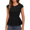 imageOYOANGLE Womens Elegant Sheer Mesh Cap Sleeve Ruffle Hem Flared Work Peplum Blouse TopsBlack