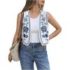 imageOYOANGLE Womens Floral Embroidery Boho Vests Colorblock Vest Tops Open Front Vintage WaistcoatBlue and White