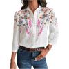 imageOYOANGLE Womens Floral Eyelet Embroidery Band Collared 34 Puff Sleeve Blouses Button Down Casual ShirtsHot Pink