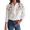 imageOYOANGLE Womens Floral Eyelet Embroidery Band Collared 34 Puff Sleeve Blouses Button Down Casual ShirtsWhite Red