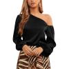 imageOYOANGLE Womens One Shoulder Lantern Long Sleeve Blouses Solid Casual Satin Shirts Top WorkwearBlack