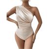imageOYOANGLE Womens Ruched One Shoulder Sleeveless Slim Fit One Piece Bodysuit Tank TopsApricot