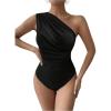 imageOYOANGLE Womens Ruched One Shoulder Sleeveless Slim Fit One Piece Bodysuit Tank TopsBlack