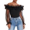 imageOYOANGLE Womens Ruffle Off Shoulder Blouse Mesh Puff Sleeve Party Tops Fitted Tee ShirtBlack