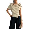 imageOYOANGLE Womens Satin 3D Flower One Shoulder Ruched Blouse Short Sleeve Elegant Work Office Shirt TopApricot