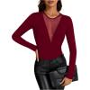 imageOYOANGLE Womens Slim Fit See Through Contrast Mesh Long Sleeve Tee TopsBurgundy