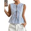 imageOYOANGLE Womens Striped Print Tie Front Bow Knot Crew Neck Sleeveless Tank Blouses Ruffle Peplum TopsBlue