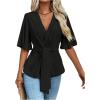imageOYOANGLE Womens Textured Wrap V Neck Ruffle Short Sleeve Ruched Blouse Tie Front Tunic TopsBlack