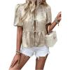 imageOYOANGLE Womens Tie Front Babydoll Blouses Crew Neck Puff Short Sleeve Ruffle Hem Peplum TopApricot