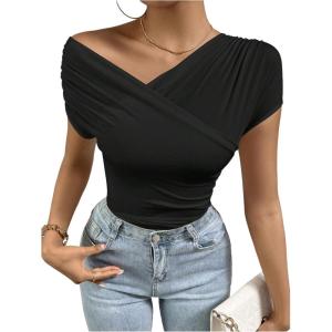 imageOYOANGLE Womens Asymmetrical Neck Ruched Short Sleeve TShirt Summer Trendy Tee TopsBlack