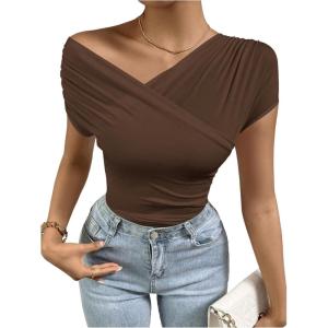 imageOYOANGLE Womens Asymmetrical Neck Ruched Short Sleeve TShirt Summer Trendy Tee TopsCoffee Brown