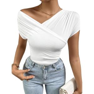 imageOYOANGLE Womens Asymmetrical Neck Ruched Short Sleeve TShirt Summer Trendy Tee TopsWhite