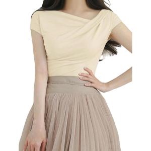 imageOYOANGLE Womens Asymmetrical Neck Short Sleeve TShirts Ruched Tight ShirtsBeige