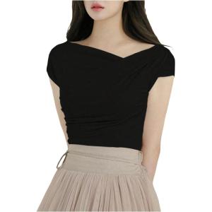 imageOYOANGLE Womens Asymmetrical Neck Short Sleeve TShirts Ruched Tight ShirtsBlack