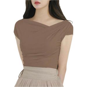 imageOYOANGLE Womens Asymmetrical Neck Short Sleeve TShirts Ruched Tight ShirtsKhaki