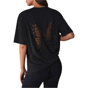 imageOYOANGLE Womens Butterfly Cut Out Back T Shirts Crew Neck Short Sleeve Loose Casual Tee TopsBlack