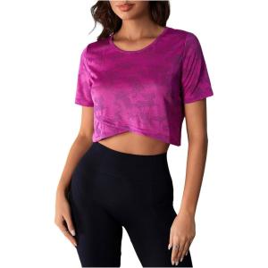 imageOYOANGLE Womens Camo Print Short Sleeve Workout Top Wrap Hem Athletic TShirts Yoga Gym Crop TopsHot Pink