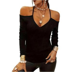 imageOYOANGLE Womens Cold Shoulder V Neck Long Sleeve T Shirt Slim Fit Solid Basic Casual Tee Shirts TopsBlack