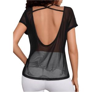 imageOYOANGLE Womens Criss Cross Open Back Sheer Sports Shirts Short Sleeve Crew Neck Workout TopsBlack