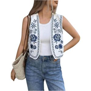 imageOYOANGLE Womens Floral Embroidery Boho Vests Colorblock Vest Tops Open Front Vintage WaistcoatBlue and White