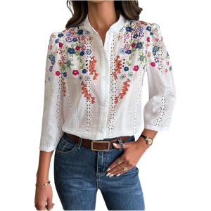 imageOYOANGLE Womens Floral Eyelet Embroidery Band Collared 34 Puff Sleeve Blouses Button Down Casual ShirtsMulticolor