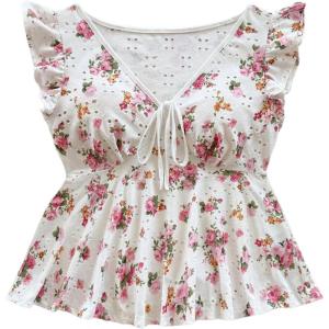 imageOYOANGLE Womens Floral Print Tie Front V Neck TShirt Ruffle Cap Sleeve Ruffle Hem Peplum TopsWhite and Floral