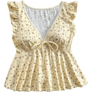 imageOYOANGLE Womens Floral Print Tie Front V Neck TShirt Ruffle Cap Sleeve Ruffle Hem Peplum TopsYellow