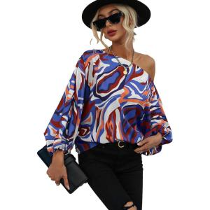 imageOYOANGLE Womens Long Sleeve Blouses One Shoulder Boho Printed Colorful Casual Dressy Fall TopMulti Print
