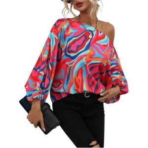 imageOYOANGLE Womens Long Sleeve Blouses One Shoulder Boho Printed Colorful Casual Dressy Fall TopMulticolor