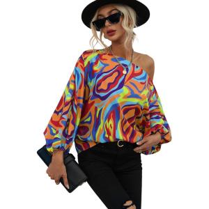 imageOYOANGLE Womens Long Sleeve Blouses One Shoulder Boho Printed Colorful Casual Dressy Fall TopOrange Printed