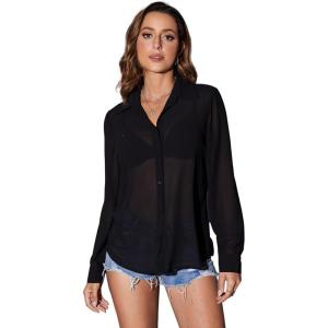 imageOYOANGLE Womens Mesh Sheer Long Sleeve Shirt See Through Button Down Blouse TopBlack