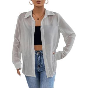 imageOYOANGLE Womens Mesh Sheer Long Sleeve Shirt See Through Button Down Blouse TopLight Grey