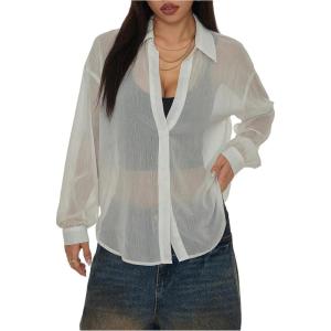 imageOYOANGLE Womens Mesh Sheer Long Sleeve Shirt See Through Button Down Blouse TopOffwhite