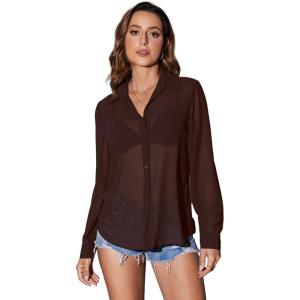 imageOYOANGLE Womens Mesh Sheer Long Sleeve Shirt See Through Button Down Blouse TopRoyal Blue
