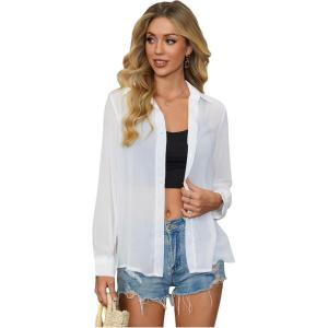 imageOYOANGLE Womens Mesh Sheer Long Sleeve Shirt See Through Button Down Blouse TopSolid White