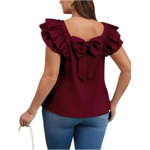 imageOYOANGLE Womens Plus Size Square Neck Ruffle Cap Sleeve Shirts Bowknot Back Loose Fit Casual Pullover BlousesBurgundy