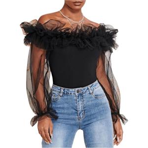 imageOYOANGLE Womens Ruffle Off Shoulder Blouse Mesh Puff Sleeve Party Tops Fitted Tee ShirtBlack