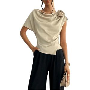 imageOYOANGLE Womens Satin 3D Flower One Shoulder Ruched Blouse Short Sleeve Elegant Work Office Shirt TopApricot