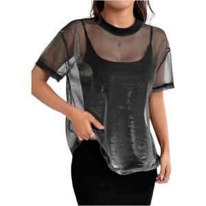 imageOYOANGLE Womens See Through Top Metallic Mesh Sheer Short Sleeve Rave TShirtBlack