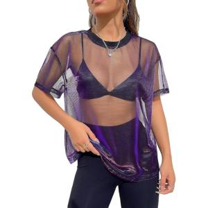 imageOYOANGLE Womens See Through Top Metallic Mesh Sheer Short Sleeve Rave TShirtBlack Purple