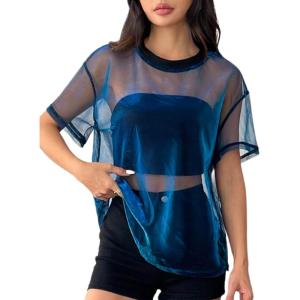 imageOYOANGLE Womens See Through Top Metallic Mesh Sheer Short Sleeve Rave TShirtBlue