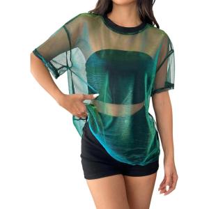 imageOYOANGLE Womens See Through Top Metallic Mesh Sheer Short Sleeve Rave TShirtGreen