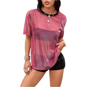 imageOYOANGLE Womens See Through Top Metallic Mesh Sheer Short Sleeve Rave TShirtPink
