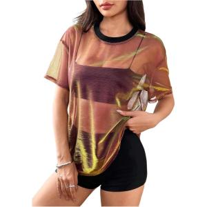 imageOYOANGLE Womens See Through Top Metallic Mesh Sheer Short Sleeve Rave TShirtYellow