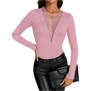 imageOYOANGLE Womens Slim Fit See Through Contrast Mesh Long Sleeve Tee TopsPink