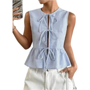 imageOYOANGLE Womens Striped Print Tie Front Bow Knot Crew Neck Sleeveless Tank Blouses Ruffle Peplum TopsBlue