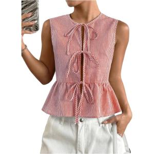 imageOYOANGLE Womens Striped Print Tie Front Bow Knot Crew Neck Sleeveless Tank Blouses Ruffle Peplum TopsRed